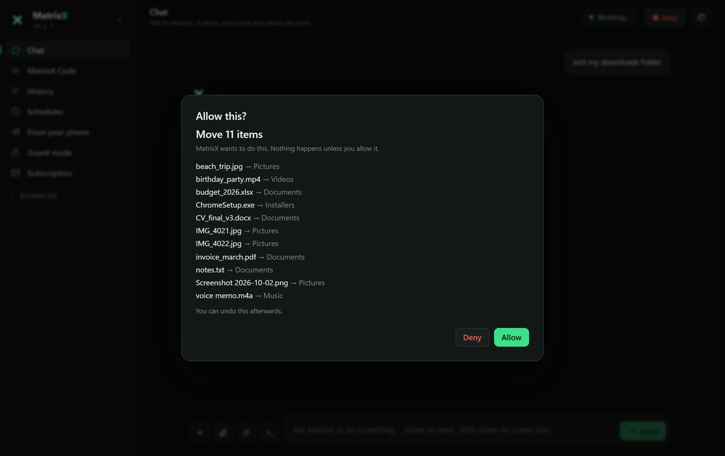 The MatrixX app asking: Allow this? Move 11 items, with every file and the folder it goes to, and Deny and Allow buttons